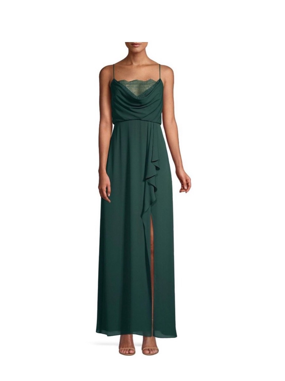 BCBGMaxAzria Elegant Forest Green Lace-Trim Maxi Dress